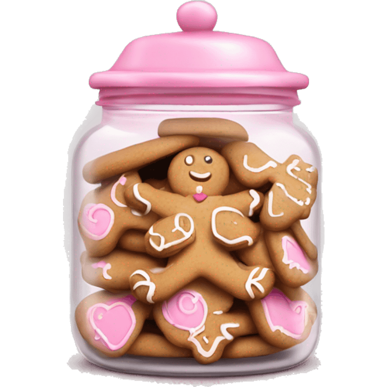 Realistic glass cookie jar with light pink lid full of gingerbread cookies isolated.  emoji