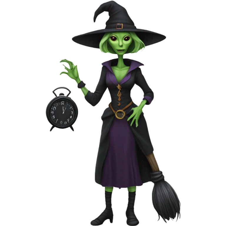 a Reptilian alien woman, as witch, holding holding a big clock, full body emoji