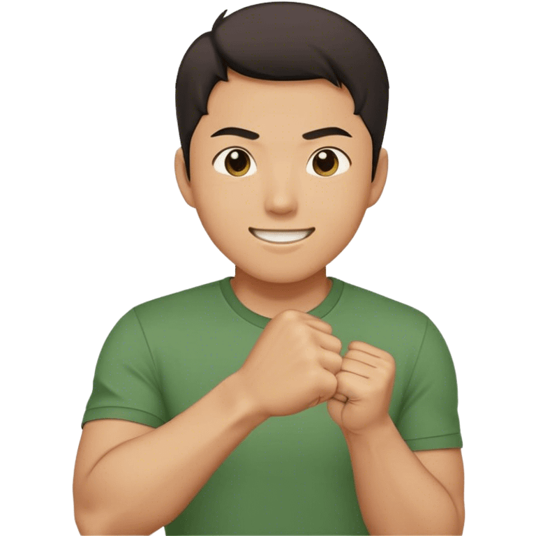 A determined Korean man in a green shirt, clenching his right fist with a confident & smile expression. Emoji-style digital illustration emoji