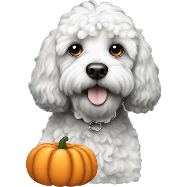 black and white doodle cockapoo with a pumpkin emoji