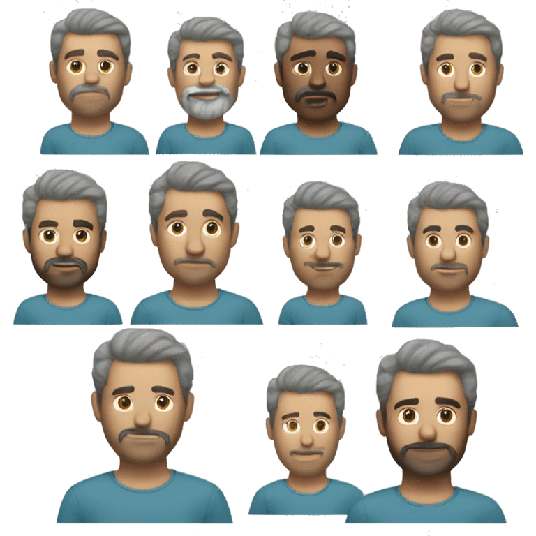 man with short beard and hair that is a little bit grey. greyish green shirt and blue ey emoji