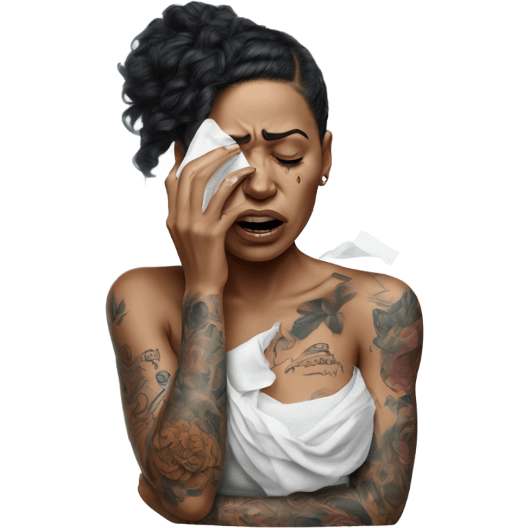 Hyper Realistic Beautiful tattooed woman crying holding a tissue   emoji