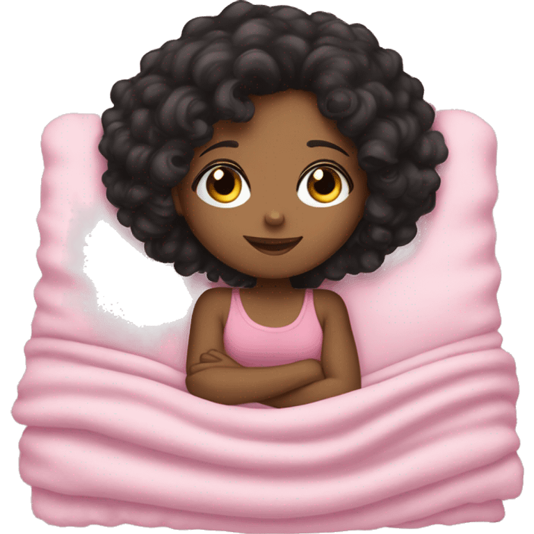 brown girl, black curly hair, sleeping with a pink blanket, emoji