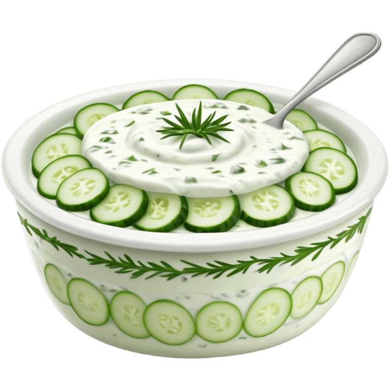 Cinematic Realistic Tzatziki Dish Emoji, featuring a creamy, tangy yogurt sauce with cucumber and herbs rendered with soft textures and cool, refreshing lighting. emoji