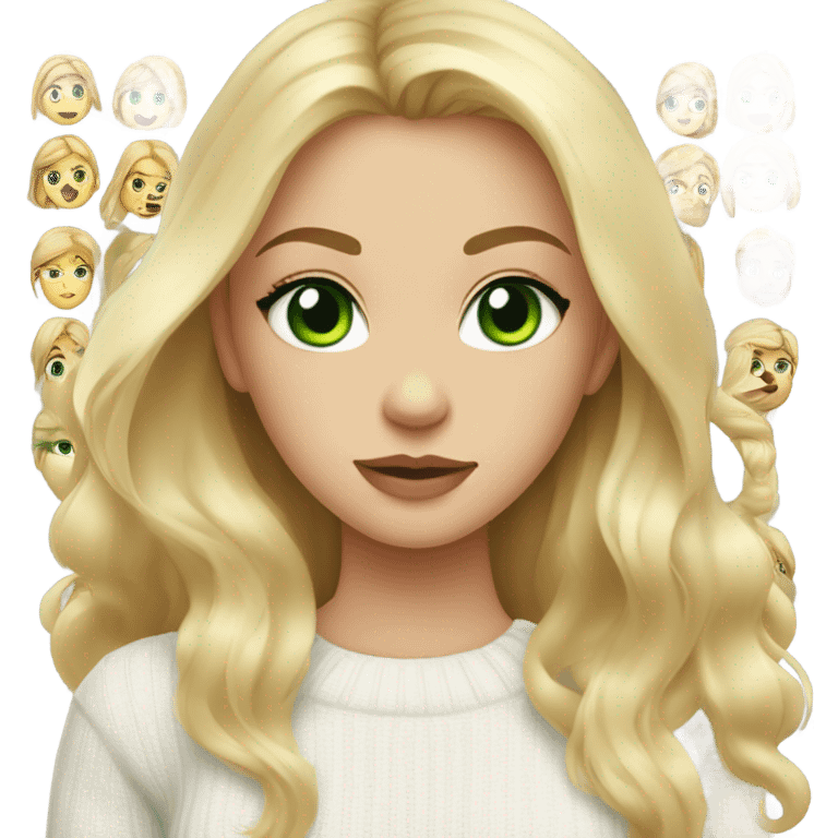 blonde girl with green eyes, smooth skin, white sweater, long blow out hair, baddie, middle part emoji