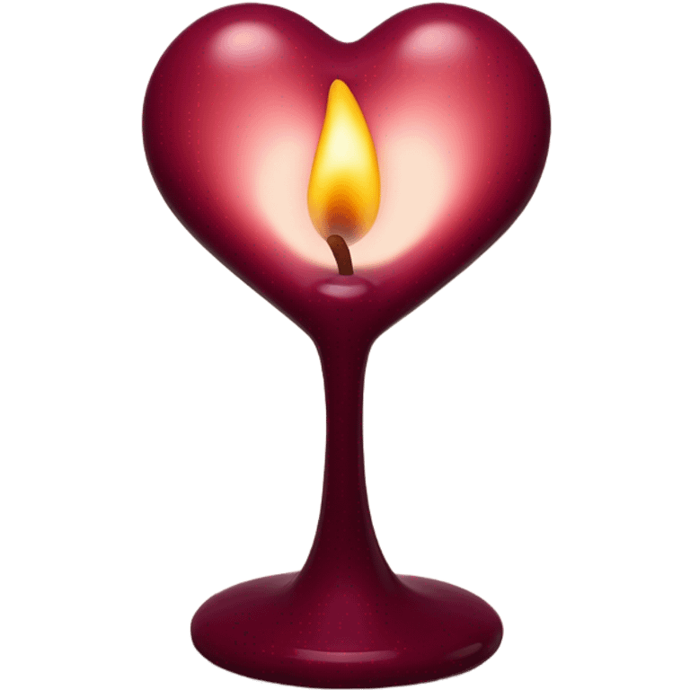 A heart-shaped candle in a burgundy glass holder casting a warm glow
 emoji