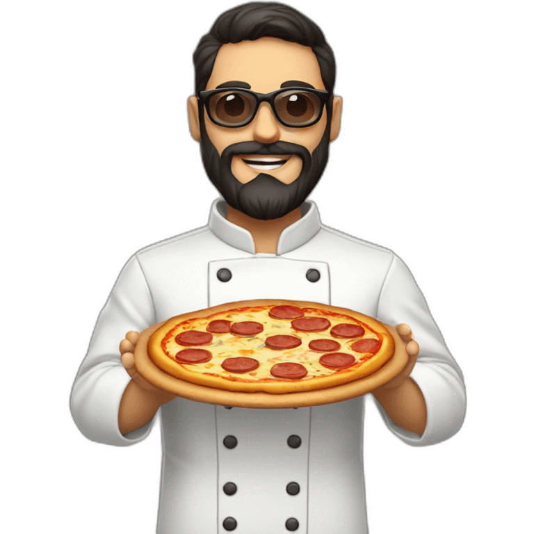 Dark haired chef with beard and big dark glasses holding a slice of pizza emoji