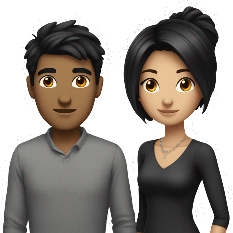 A young, English couple, the male taller with black hair, the woman slightly shorter with black hair and slightly emo emoji