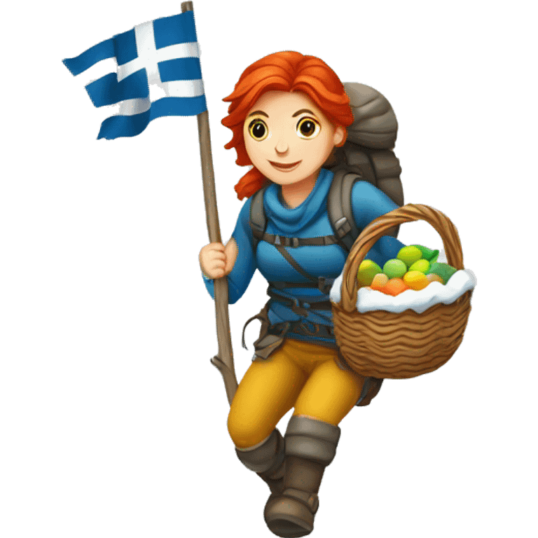 red hair female winter mountaineer climbing with Easter eggsbasket and Greek flag emoji