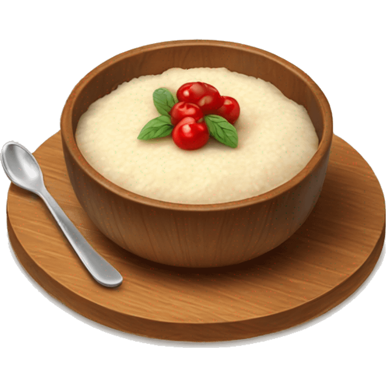 Rice pudding in a bowl on a small wooden plate emoji