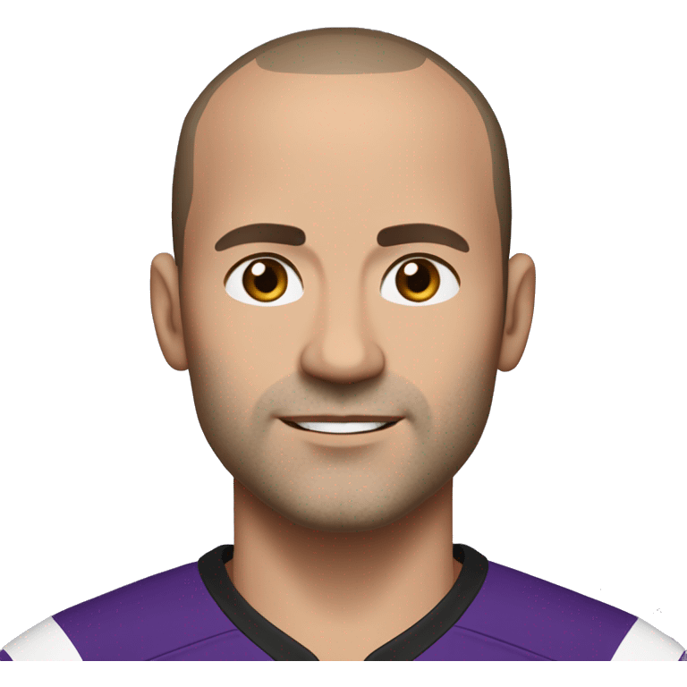 45-year-old man with a slightly round face, very short, almost shaved hair with a small central crest and a slightly receding hairline. He has brown eyes, subtle stubble, and wears a black and purple soccer jersey. emoji