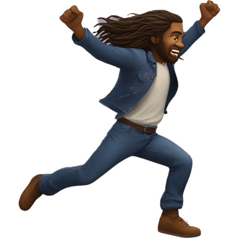 Long haired man jumping over mountains at suns emoji