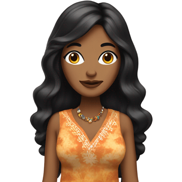 Tanned woman with black hair dressed in 1970s hippie attire, hair, makeup, and attire emoji