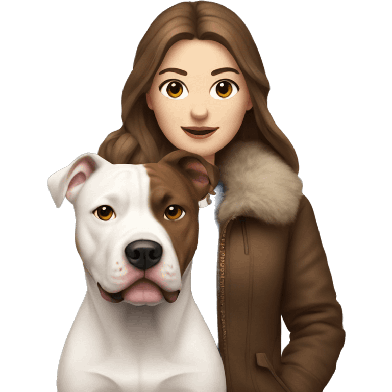 white woman with long brown hair in a furry jacket standing alongside a white pitbull emoji