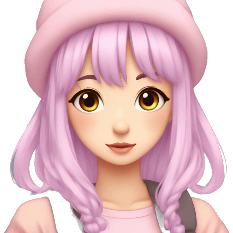 Gorgeous pastel anime girl with blushing face and hair garnitures and pretty hair and a beanie aesthetic trending style emoji