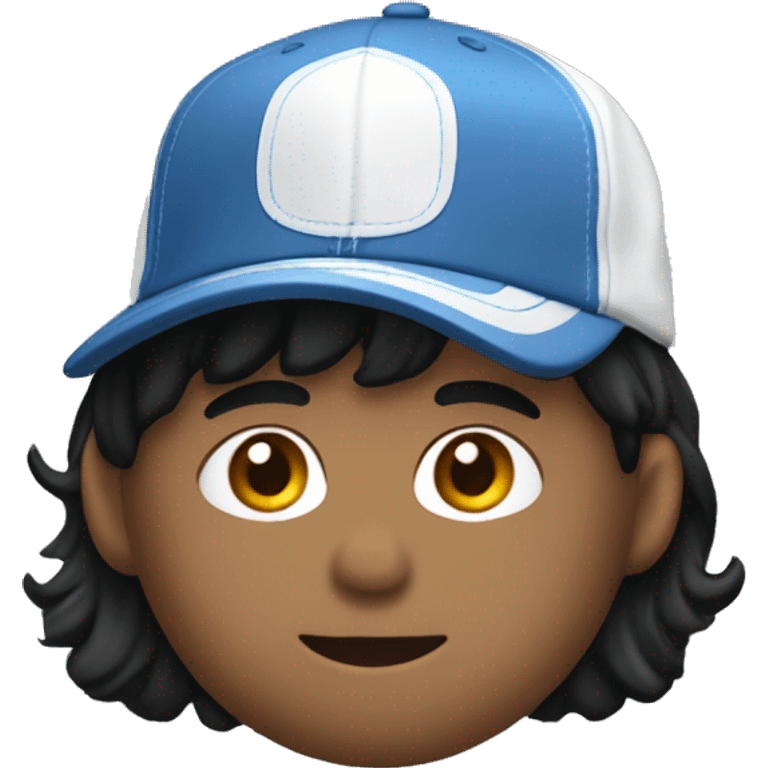 Blue short jean sleeve shirt, Blue short pants, black bang hair, with an upside-down white cap emoji