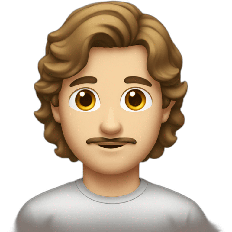 A young man with brown hair and a mullet haircut and a moustache emoji