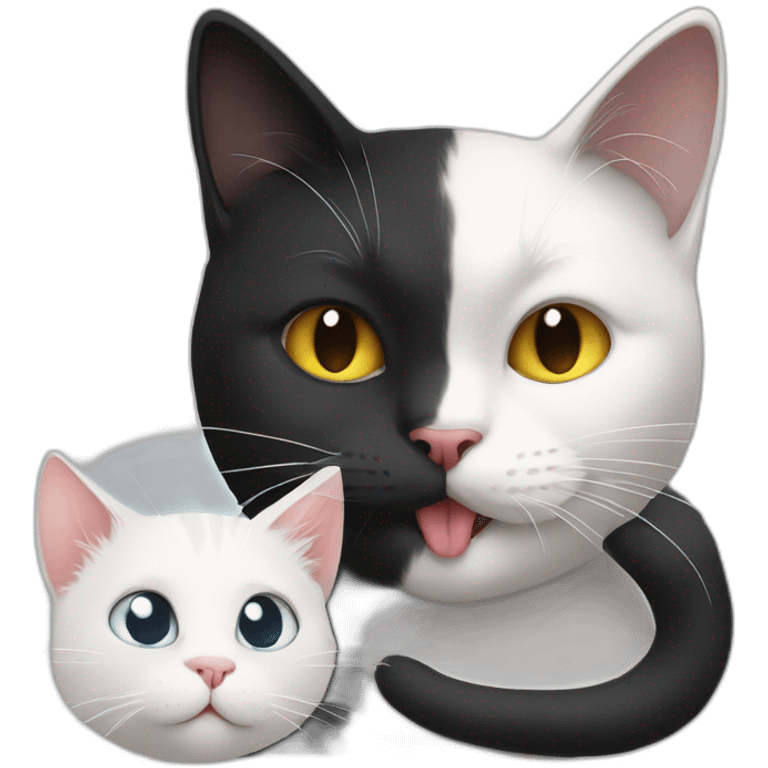 A white cat is licking a black cat emoji