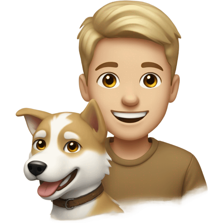 smiling européen boy with golden beige Husky  outdoors emoji