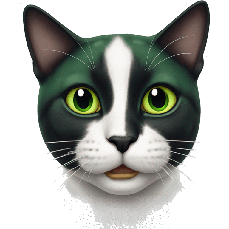 Tuxedo cat with black spot on mouth and green eyes emoji