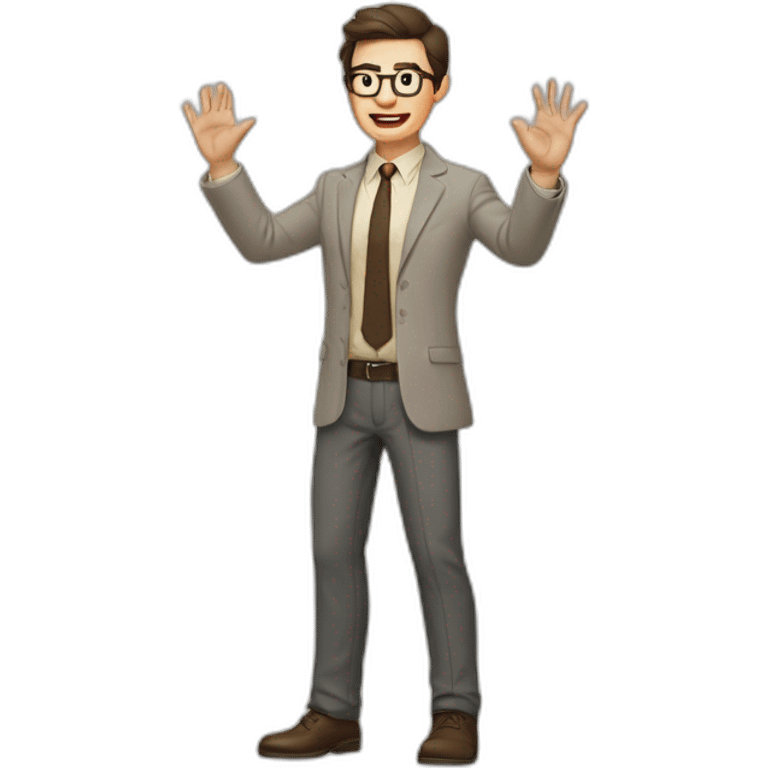 To belt Actively gesturing with hands Pale skinned fit man with dark brown hair in gray jacket, beige office shirt, brown tie, brown pants and vintage glasses. emoji