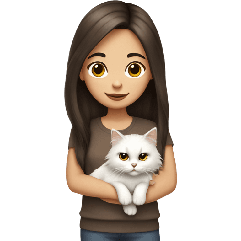 Dark brown straight hair girl with holding fluffy Siberian white cat  emoji