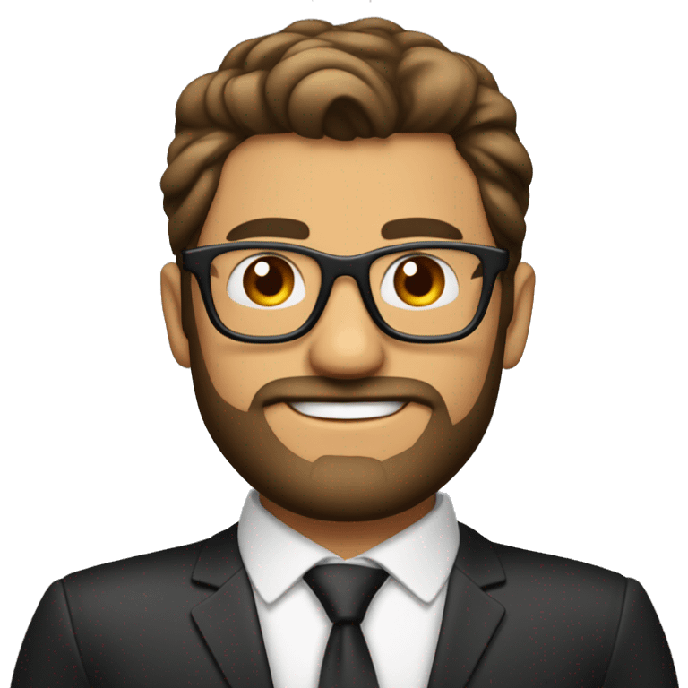 Hombre de 30 años con gafas y barba abierta con cabello negro y ojos color cafe con traje emoji