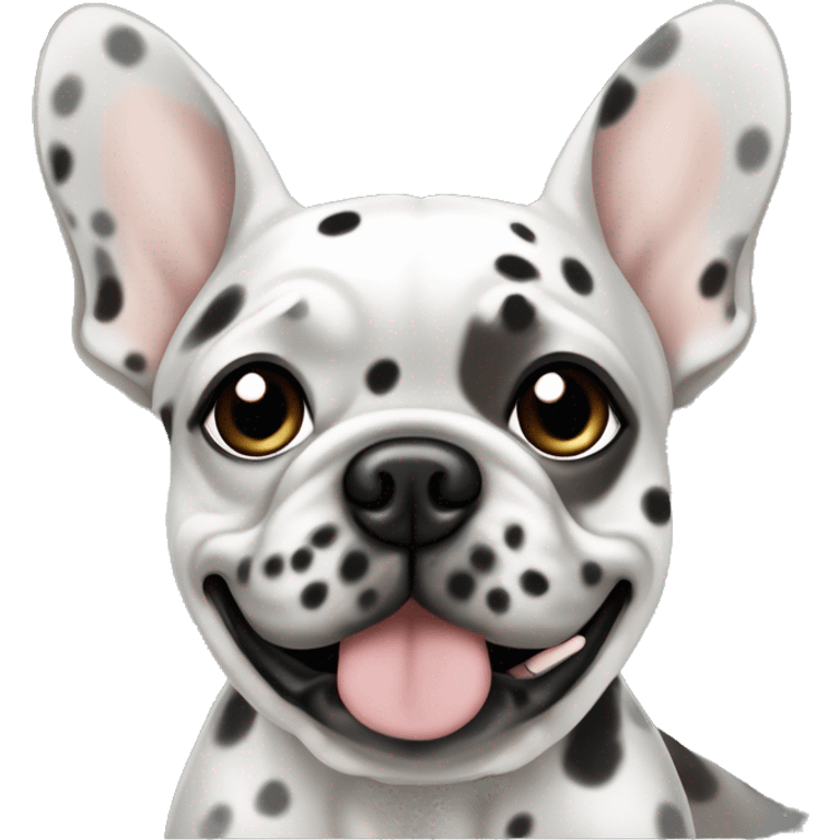 Light gray Merle Frenchie with black spots with a blonde haired blue eyed woman emoji