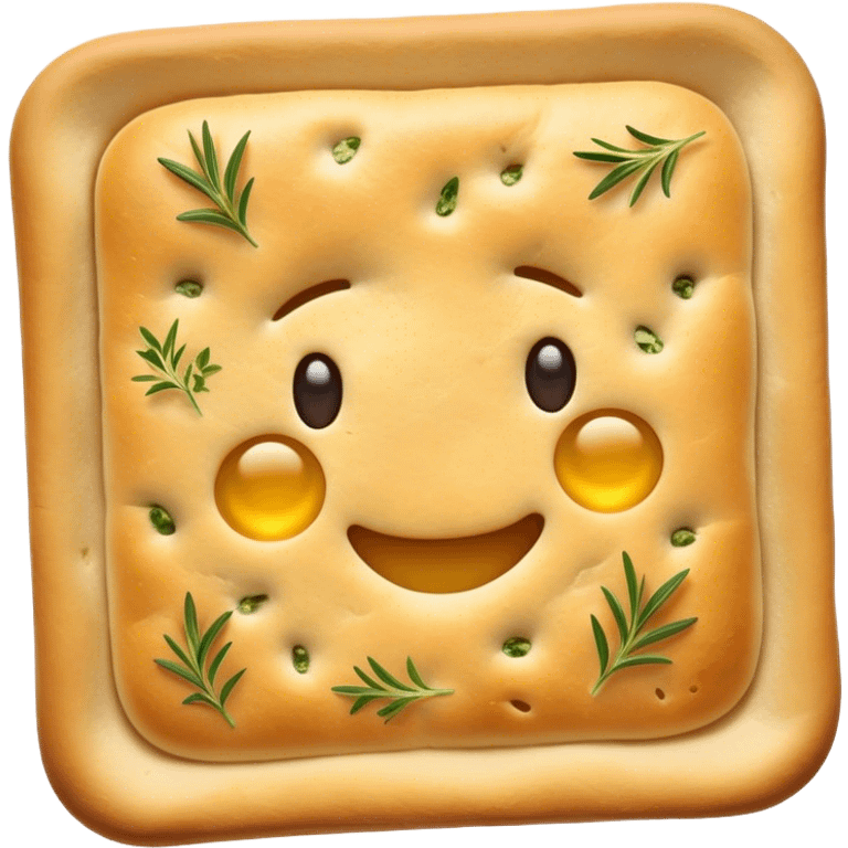 Cinematic Realistic Focaccia Bread Dish Emoji, depicted as a golden, olive oil brushed flatbread sprinkled with herbs rendered with lifelike texture and soft, appetizing lighting. emoji