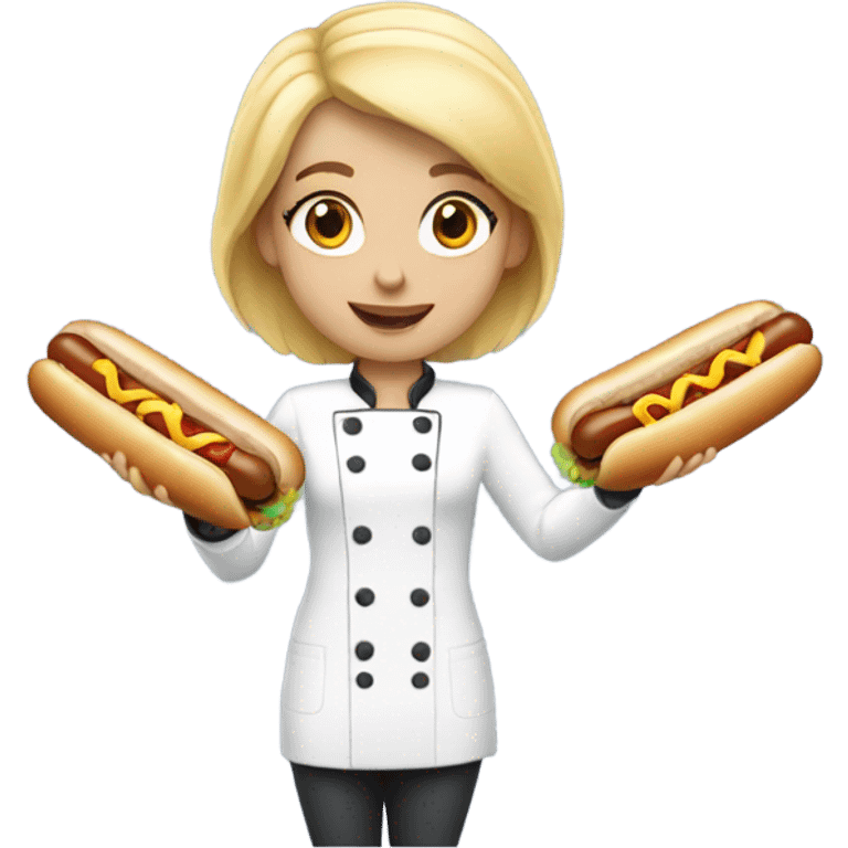 Female chef with blonde hair holding a hotdog emoji