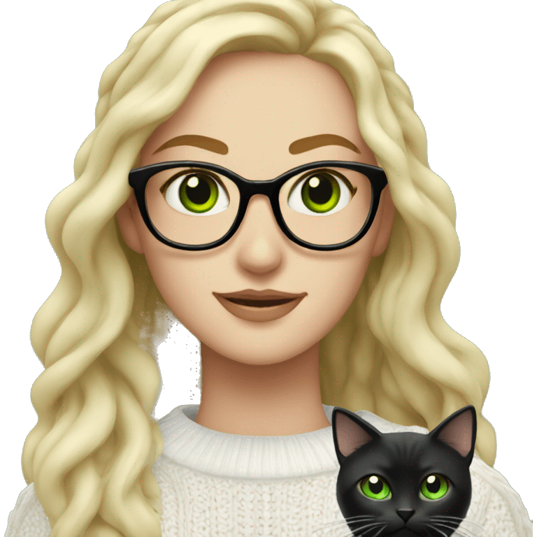 woman with green eyes and glasses with long wavy blonde hair in a white cable knit sweater holding a black cat with green eyes  emoji