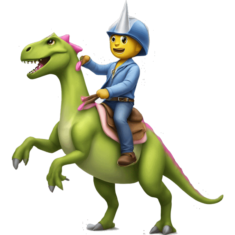 Dinosaur riding a unicorn emoji