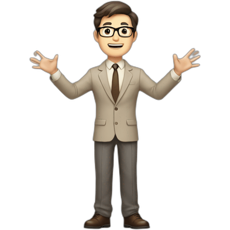 To belt Actively gesturing with hands Pale skinned fit man with dark brown hair in gray jacket, beige office shirt, brown tie, brown pants and vintage glasses. emoji