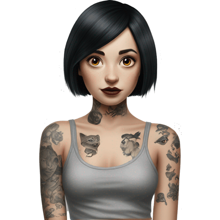 Hyperrealistic Pale girl with black hair arm tattoos emoji