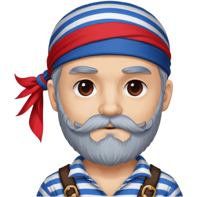 A cute pirate first mate, red bandana, eye patch, blue striped shirt, grey beard emoji