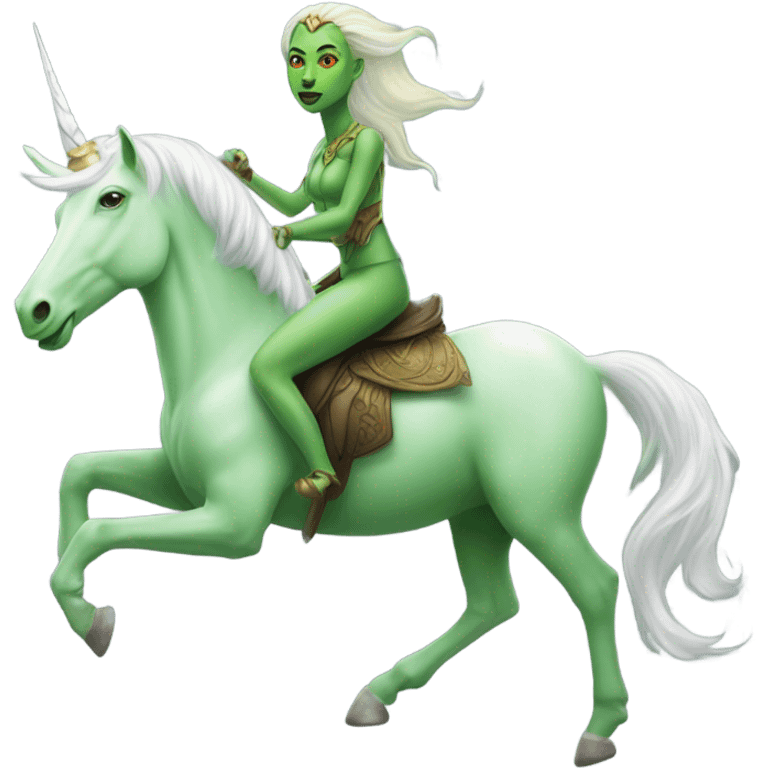 a green amazon alien woman on a white unicorn emoji