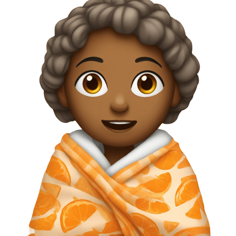 A girl, with black hair and white skin, wrapped with a blanket, eating tangerine emoji