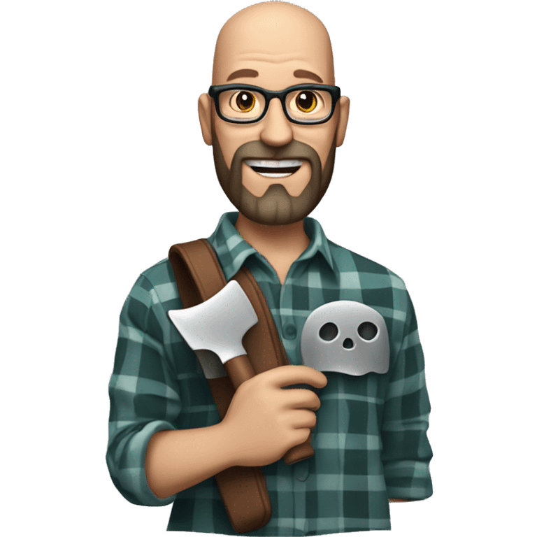 bald man of 40 years old with glasses and a beard, wearing a plaid shirt, holding a movie clapper, a silver skull ring on his hand. emoji