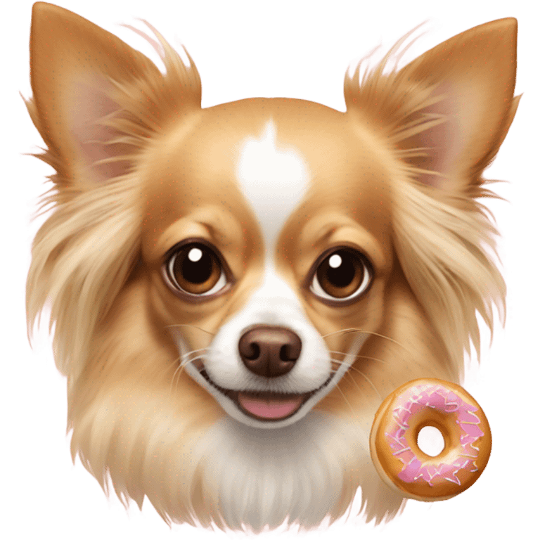 Long haired chihuahua eating a donuts emoji