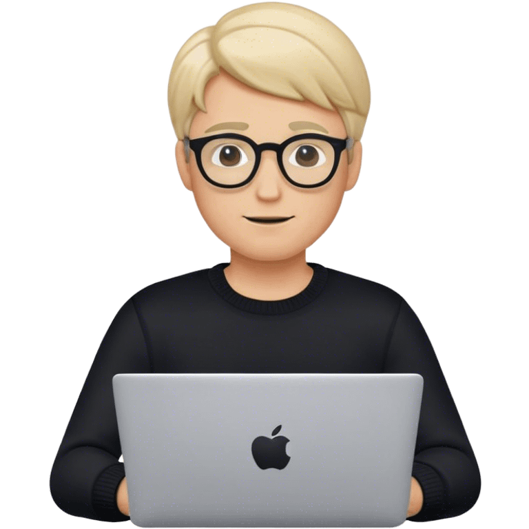 memoji of a man with a laptop in front, apple-style,modern,fair hair,black with oval pair of glasses sweater,computer in hand,sitting on his desk emoji