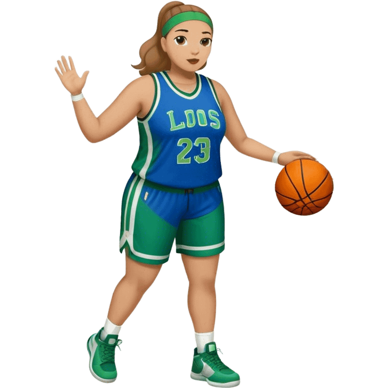 Full Body light skin Latino plus size women basketball player wearing blue and green uniform emoji