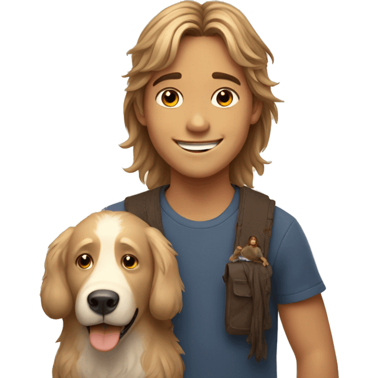 smiling boy with bears and long hair with dog indoors emoji