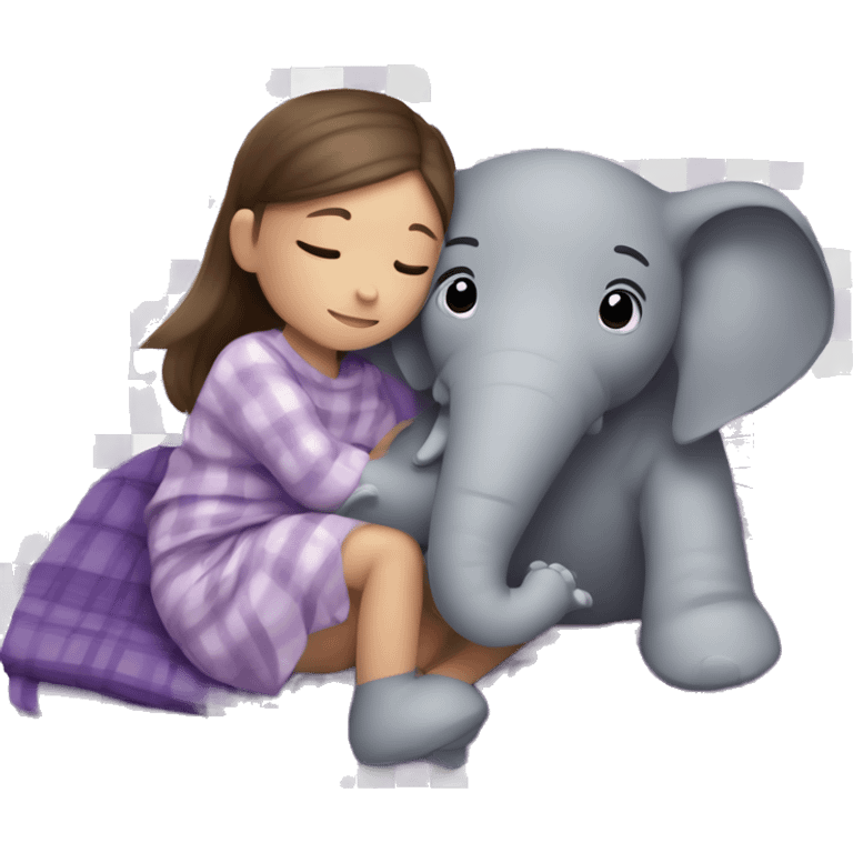 A little girl with brunette hair in two French braids laying in a bed wrapped in a plaid purple blanket hugging a stuffed gray elephant.  emoji