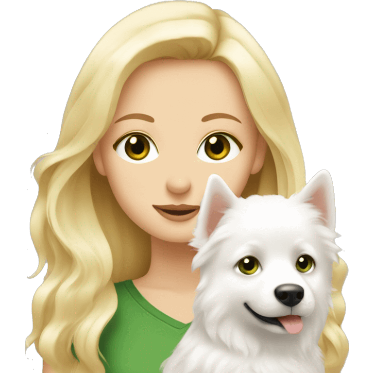 a white girl with green eyes, a blonde hugs a white Spitz puppy with brown eyes emoji