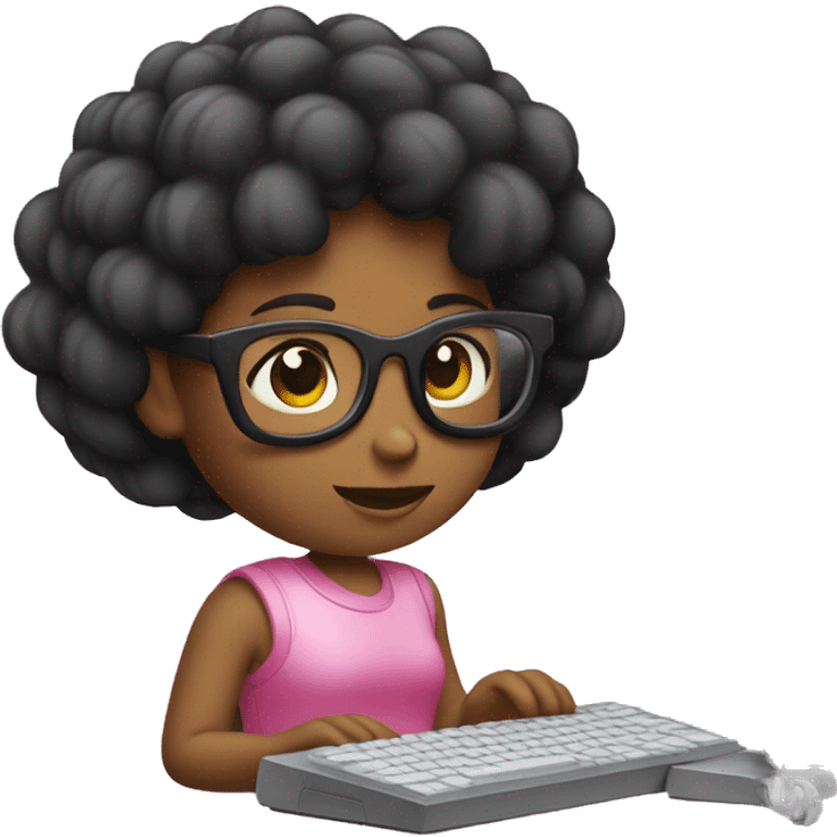 Chica pelo negro y una computadora de apple rosa emoji