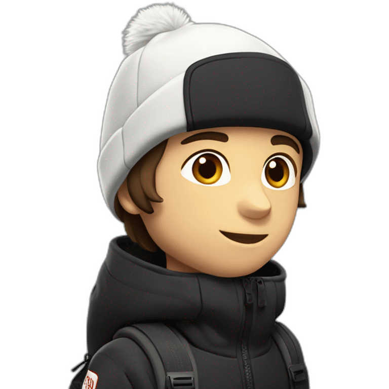 white boy,mi-long brown hair,winter cap black The North face,black jacket The North face,1 Backpack emoji