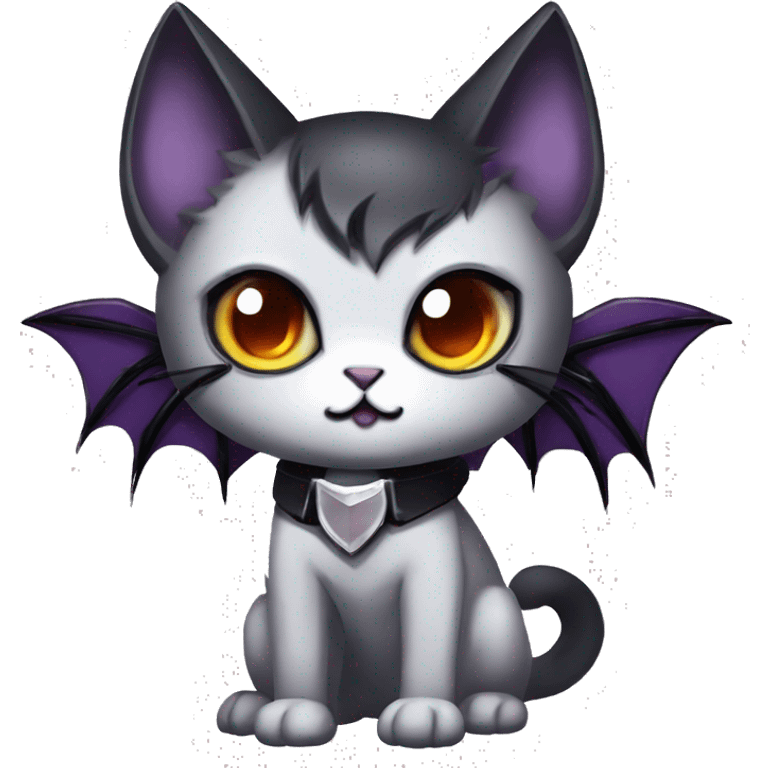   cool edgy kawaii ethereal dark-punk-themed animal vampiric cat-hybrid Fakemon with fangs and bat-wing-ears with a collar full body emoji