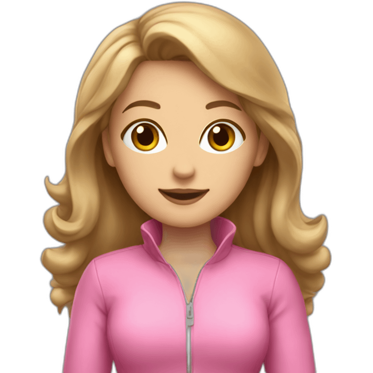 Woman dark blond hair  pink  full body jumpsuit flying emoji