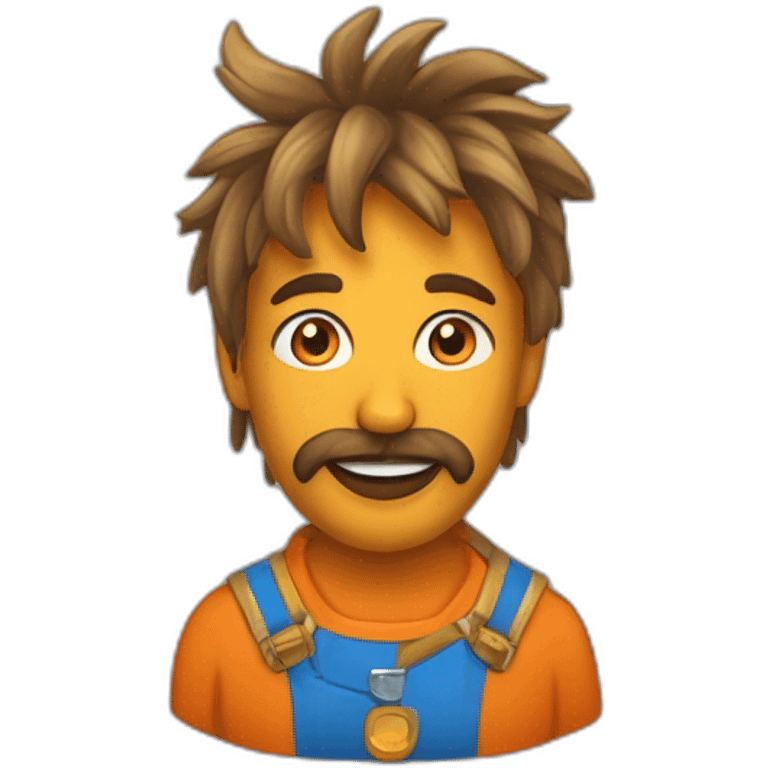 Un mec bronzée, avec des cheveux bleu et orange moutard. Sur la joue des symboles doré. Des cornes de bélier orange moutard emoji