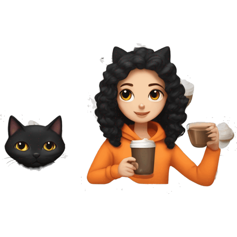 Pretty white girl with curly long black hair in a hoodie and sweatpants drinking hot chocolate sitting next to a black cat and an orange cat  emoji